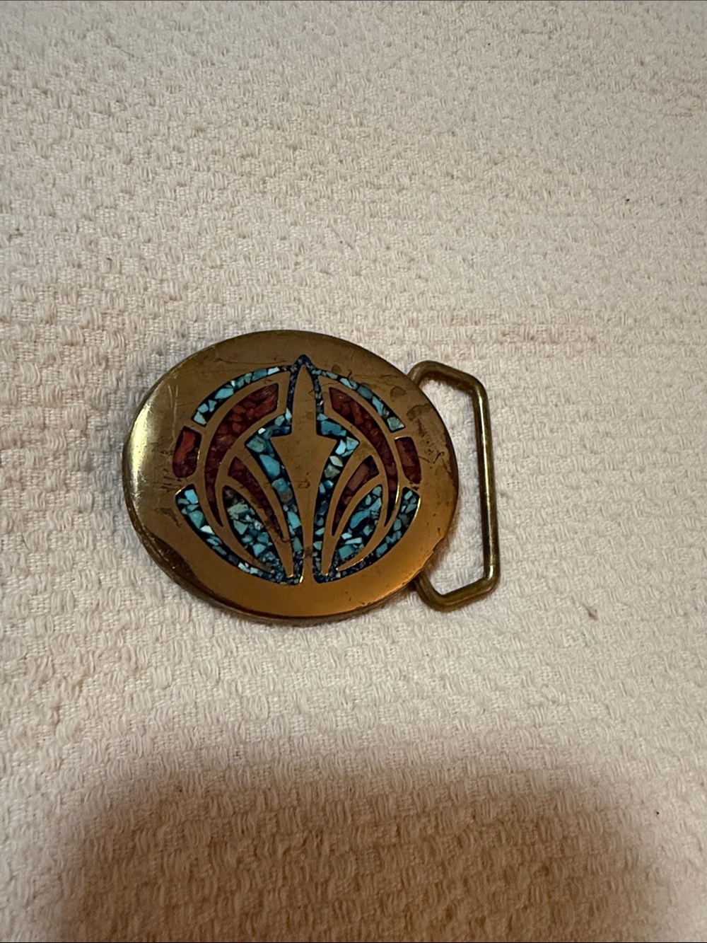 Solid Brass Belt Buckle with Turquoise and Coral Inlay- USA Made